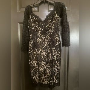 Maniju Black Lace Long Sleeve Off Shoulder Dress Lined LARGE New NWT